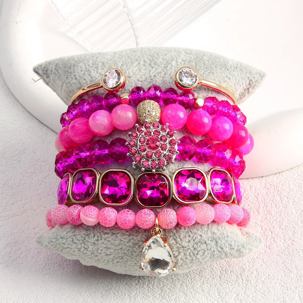 New Blue Red Fuchsia Chip Stone Bracelets Set Natural Stone Glass Alloy Rhinestone Button Cubic Zircon Bangle Stack Bracelet Set