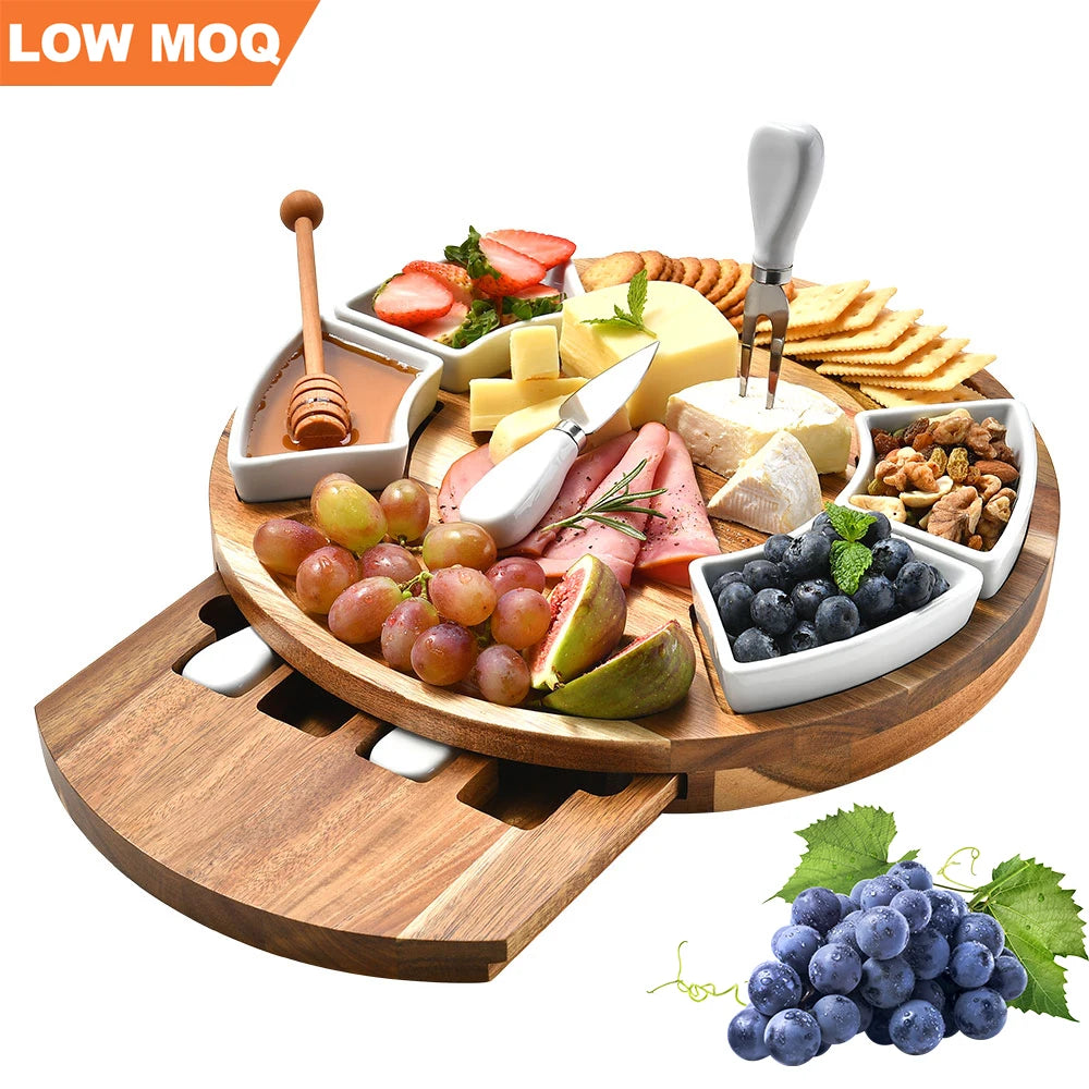 European Style Wooden Cheese Board and Knife Set Cheese Platter Tray Round Acacia Wood Cheese Board Wood Charcuterie Board