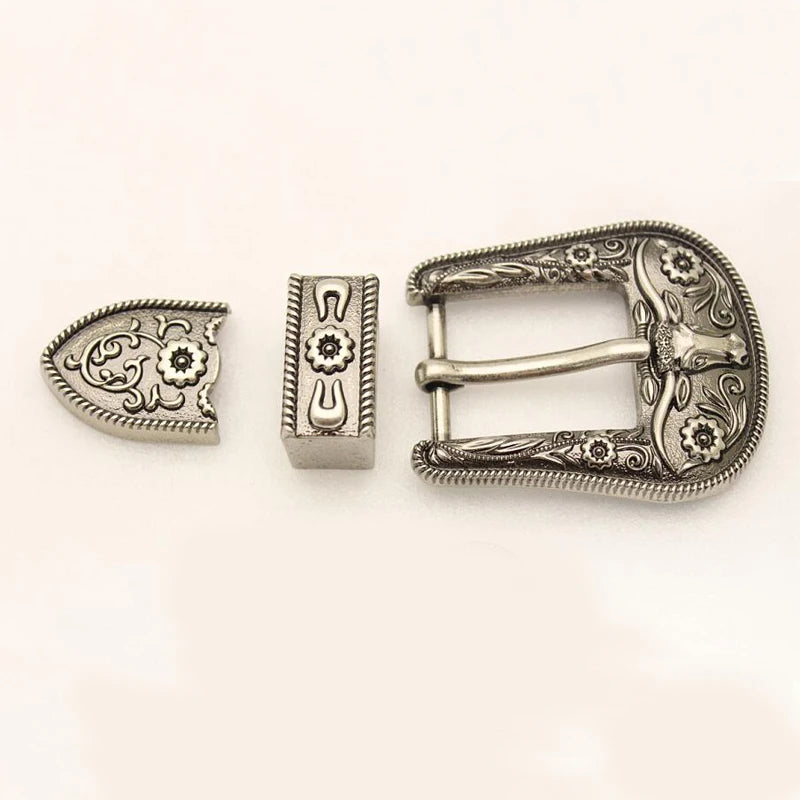 Factory Sale 30mm Zinc Alloy Horn Buckles with Loop  3 Piece Western Belt Buckle Set