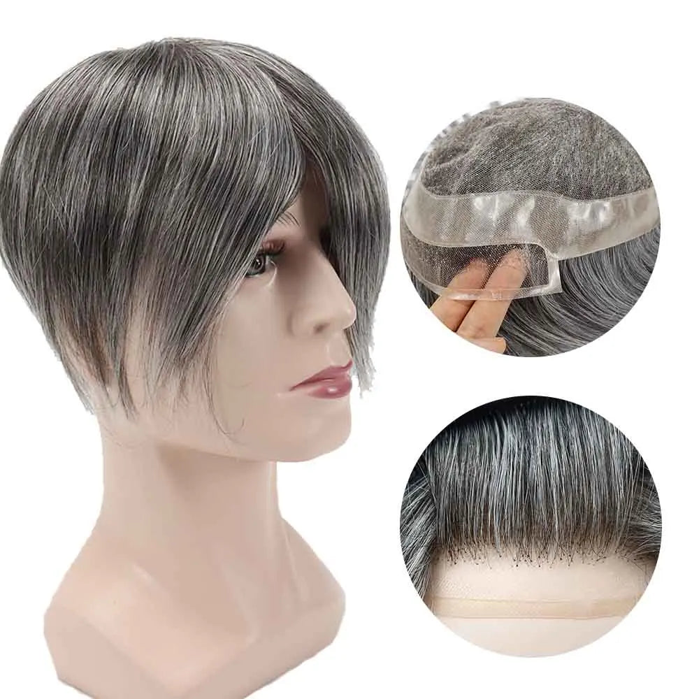 Best Hair Quality HD 60% Gary Hair 8X10 Men Wigs Toupee Lace Poly Perimeter Human Hair Replacement System Toupee for Men