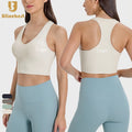 Ribbed Gym Fitness Racer Back Tank Top Removable Pad Shockproof Vest Sleeveless Sports Bra Yoga Top for Women