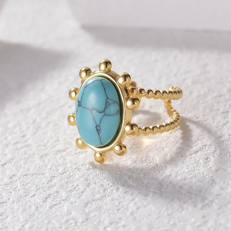 RS1064 Vintage High Quality Waterproof 18k Gold Plated Stainless Steel Turquoise Stone Statement Open Cuff Rings for Women 2022