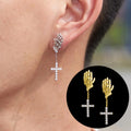 Trendy Gold Silver Plated Hand of God Cross Dangle Earrings Rhinestones for Men Women Hip Hop Punk Style Ear Studs Jewelry Gift