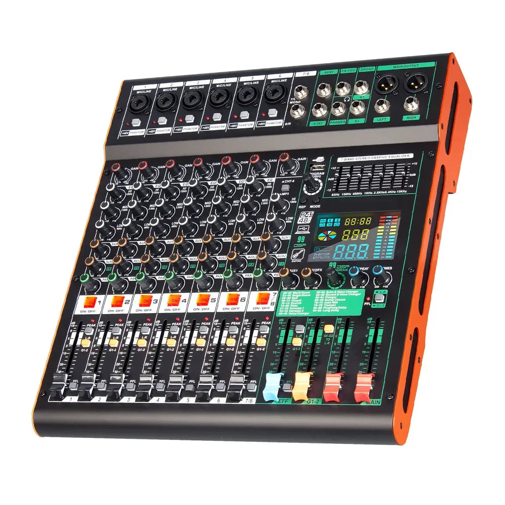 TC8 Professional 8 Channel Audio Console Built-in 99 Kinds Effector Stage Controller DJ Audio Mixer