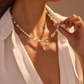 Summer Vintage Love Heart Pearl Chain Necklace Bohemian Colorful Beaded Stainless Steel Necklace Fashion Jewelry