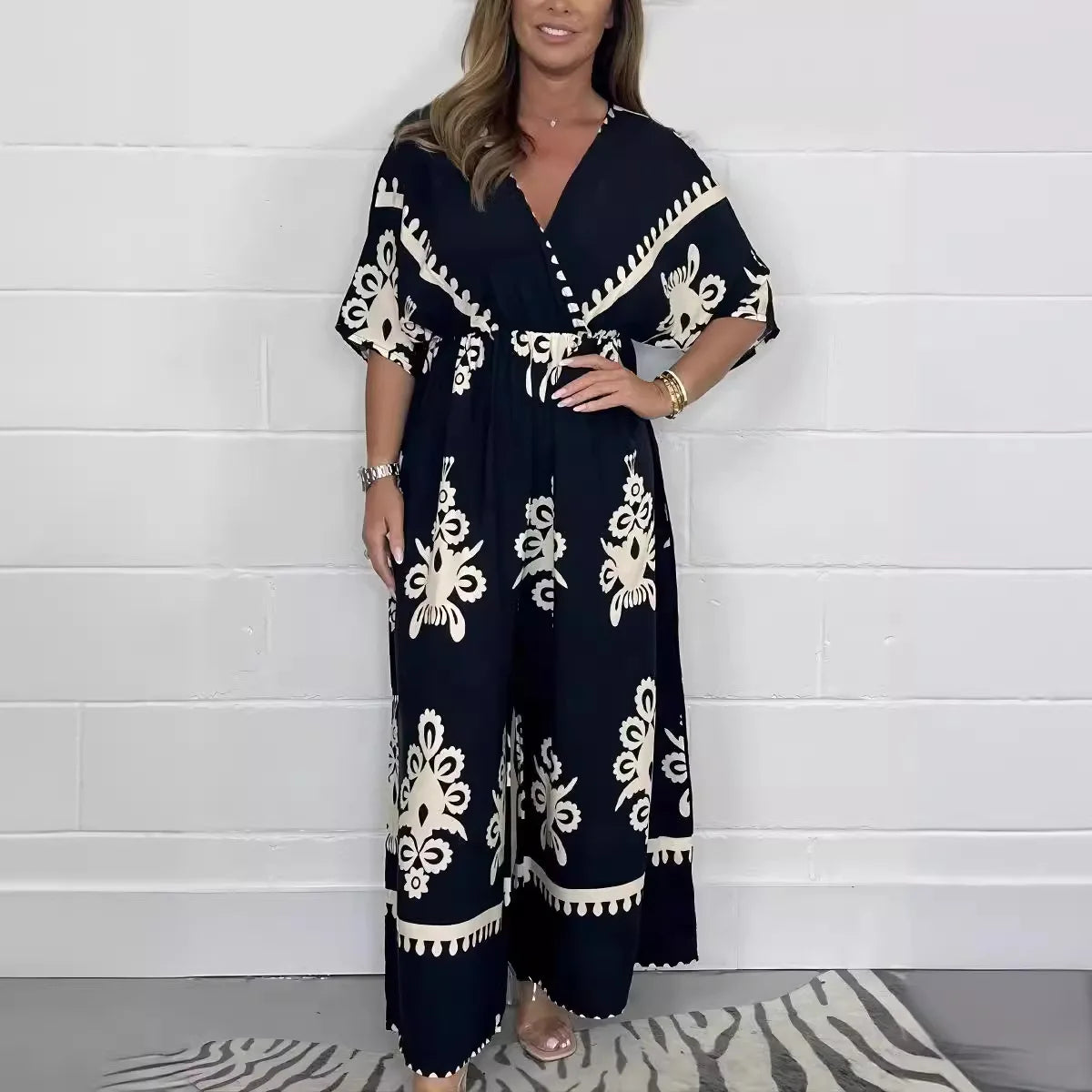 Boutique Wholesale 2026 Summer New Fashion Casual Printing Women's V-neck Short Sleeve Loose Women's Jumpsuit