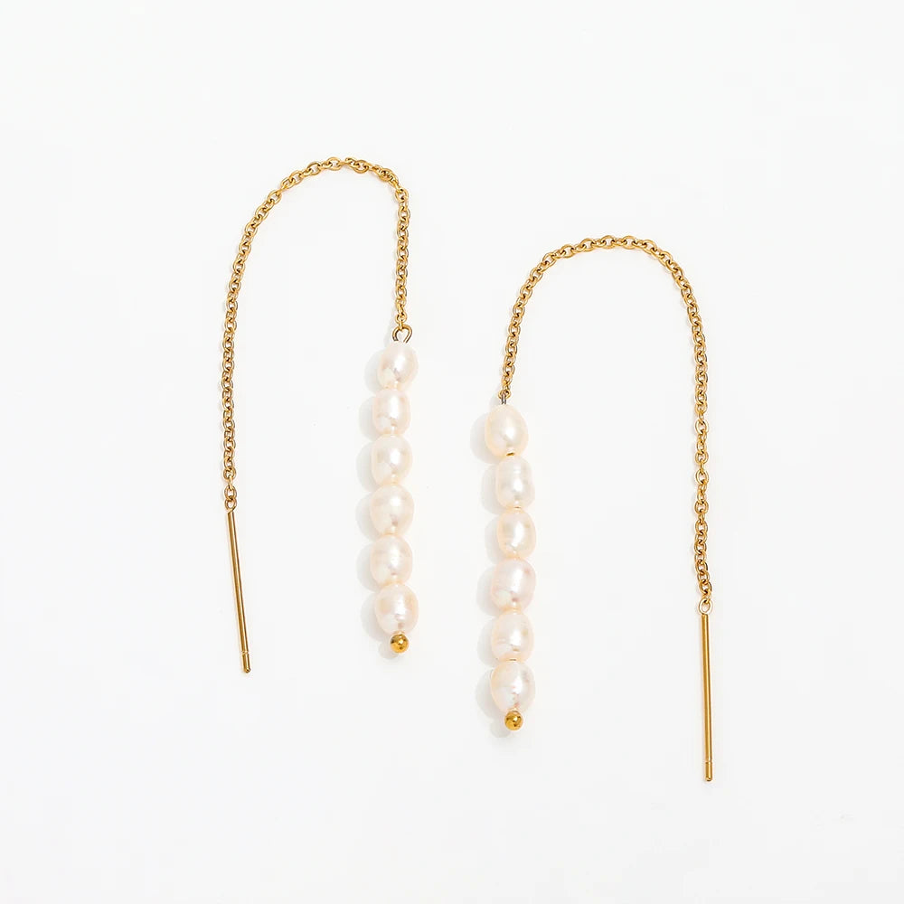 New Trendy Earring 18K Gold Plated Pearl Chain Tassel Drop Earrings for Women Stainless Steel Wholesale Piercing Jewelry
