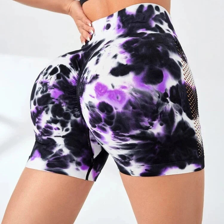 High Waisted Women Yoga Tie Dye Shorts Custom logo Scrunch Butt Running Gym Shorts for Women