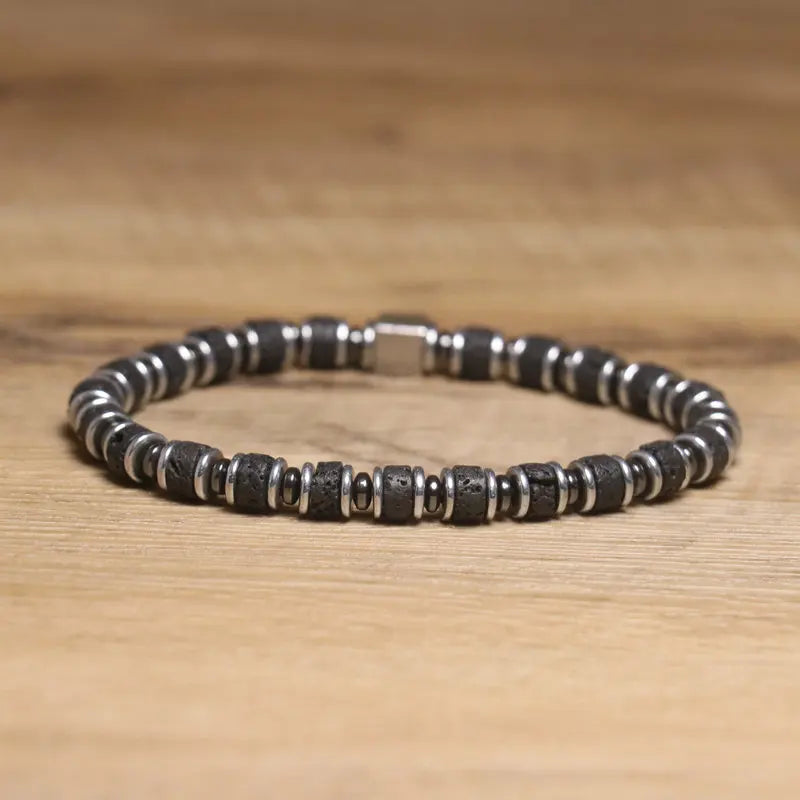 Bohemian Natural Lava Stone Bracelet for Men Women Hematite Beaded Adjustable Elastic Beaded Bracelet Unisex