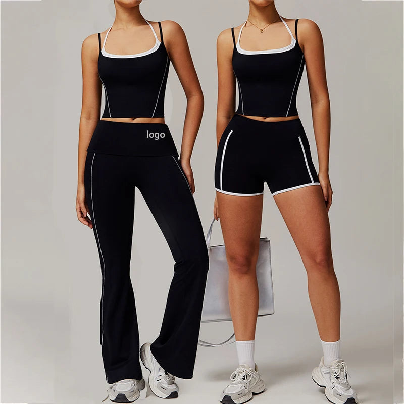 New Design Line Women Shockproof Tank Top Butt Lift Tight Pocket Shorts Flare Leggings Fitness Gym Sports Yoga Set