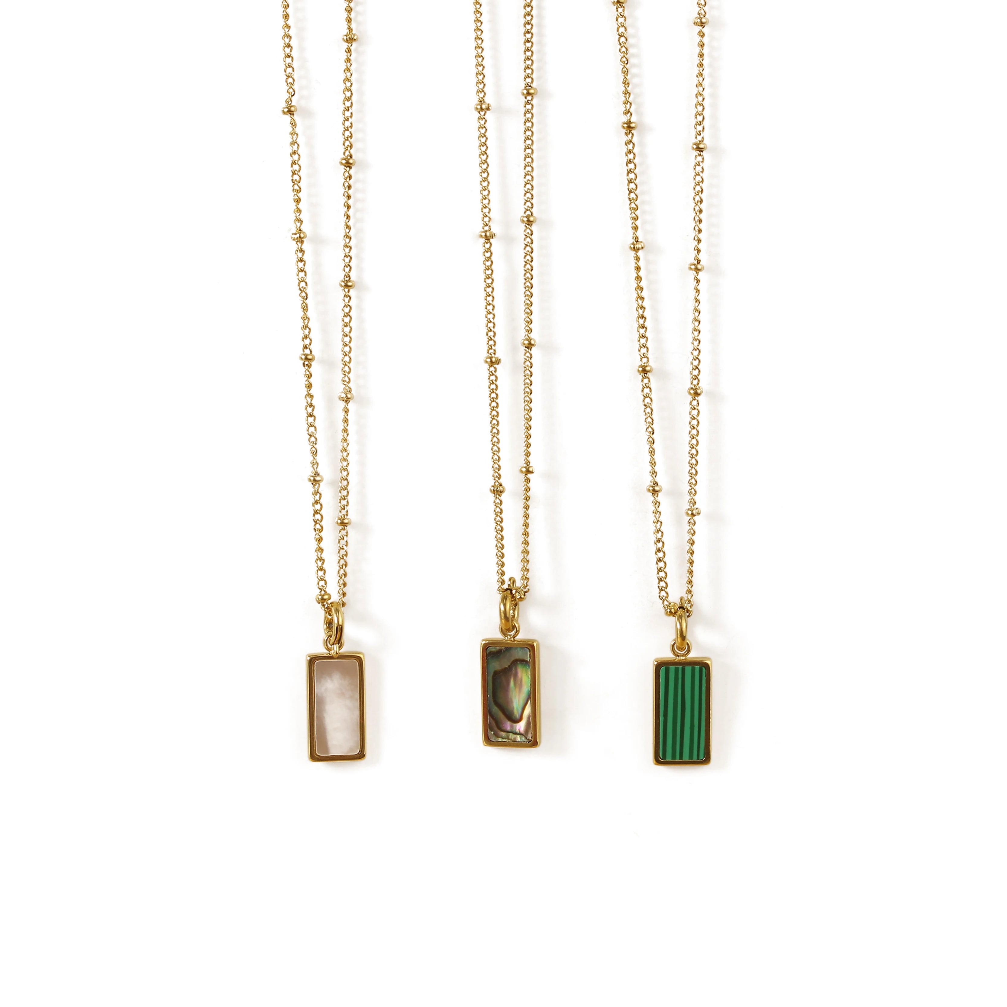 Vintage Square Stainless Steel 18k PVD Gold Plated Necklace Malachite Shell Pendant Necklace for Women