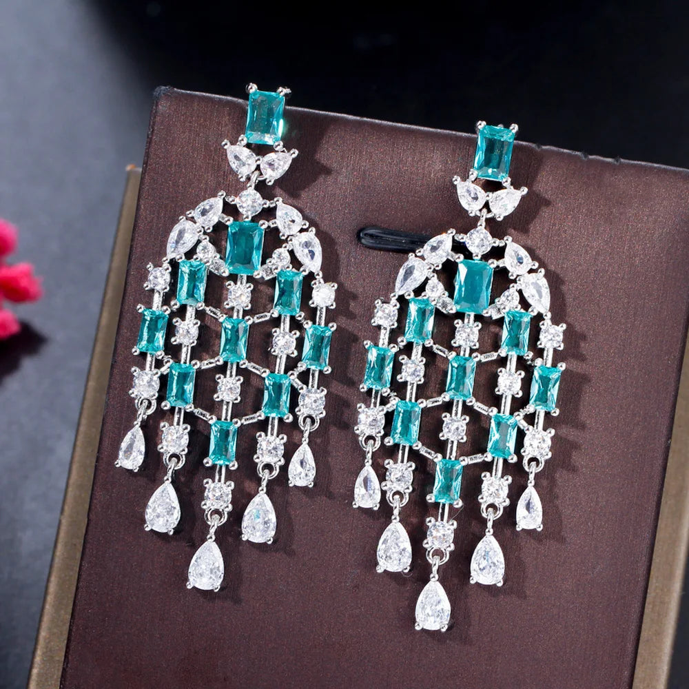 Elegant Light Blue White Cubic Zirconia Popular Bohemian Long Tassel Dangle Drop Earrings for Lady Wedding Party Wear Jewelry