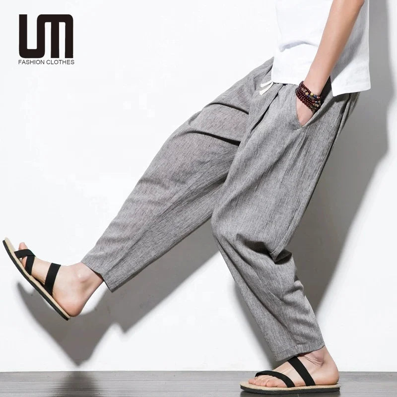 Liu Ming New Style 2025 Japanese Fashion Summer Men Casual Loose Linen Trousers Plus Size 5xl Wide Leg Pants