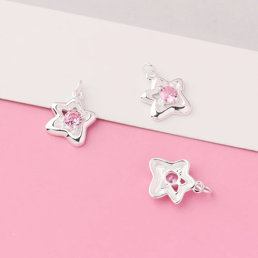 Fashion 925 Sterling Silver Pink Zircon Star Charm Pendant for Bracelet Necklace Making Accessories