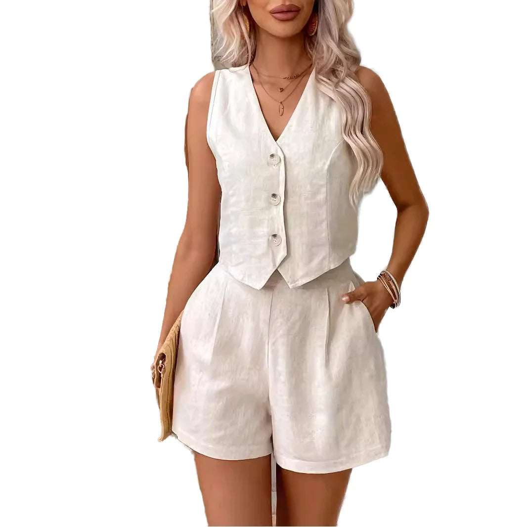 Wholesale Casual Women Tank Top Single-breasted Cotton and Polyester  Vest Pockets Shorts Solid Color Two-piece Set