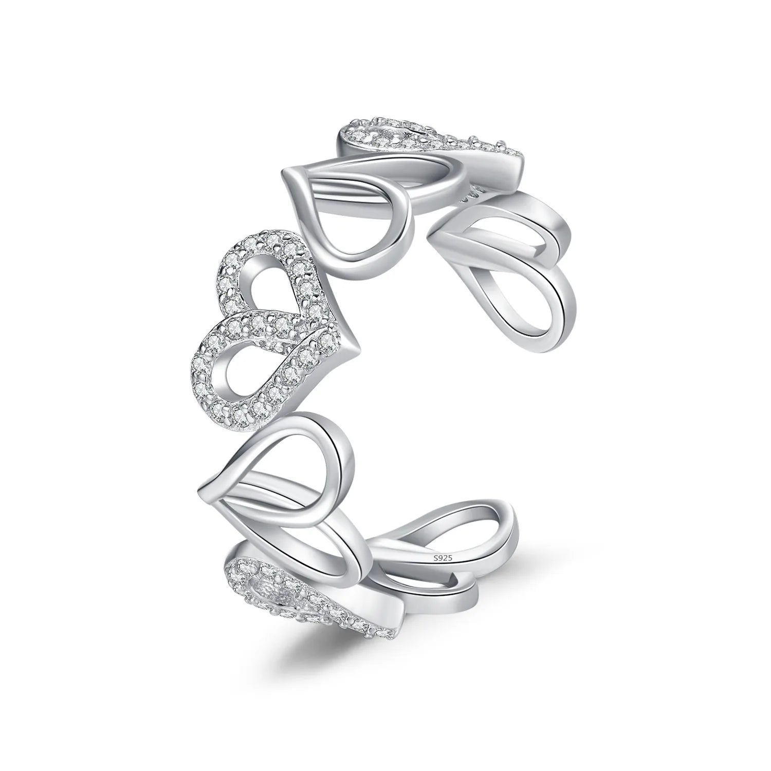Sweet and Cute Hollow Design Rings S925 Sterling Silver Rhodium Plated love Heart Opening Adjustable Ring