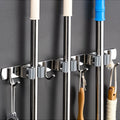 Stainless Steel No Punching Mop and Broom Tool Holder Organizer Wall Mount with Multiple Hooks