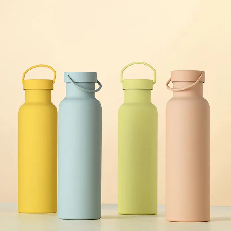 Custom logo Wide Mouth Double Walled Sports 600ML Water Bottle Vacuum Flask Stainless Steel with New Wide Handle Straw and Lid