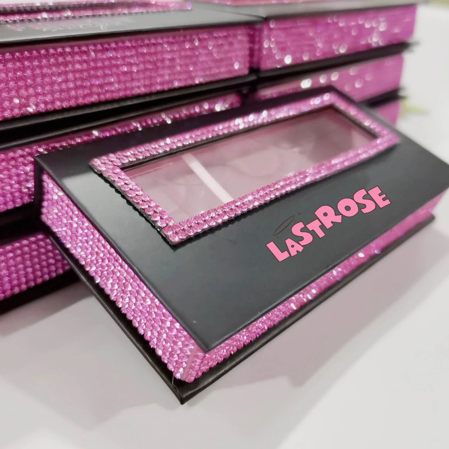Lashpackaging Box with Pink Rhinestone Luxury Ribbon Rectangle Eyelash Packaging Box case of Mink Lash Packaging Vendor