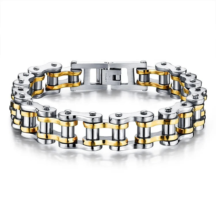 Men Stainless Steel Motorcycle Bike Chain New Designs Two Tone Color Chain Bracelet Punk Biker Jewelry