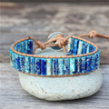 Unique Tube Shape Blue Imperial Jasper Single Leather Wrap Bracelet for Women