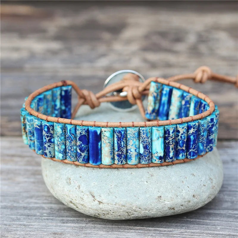 Unique Tube Shape Blue Imperial Jasper Single Leather Wrap Bracelet for Women