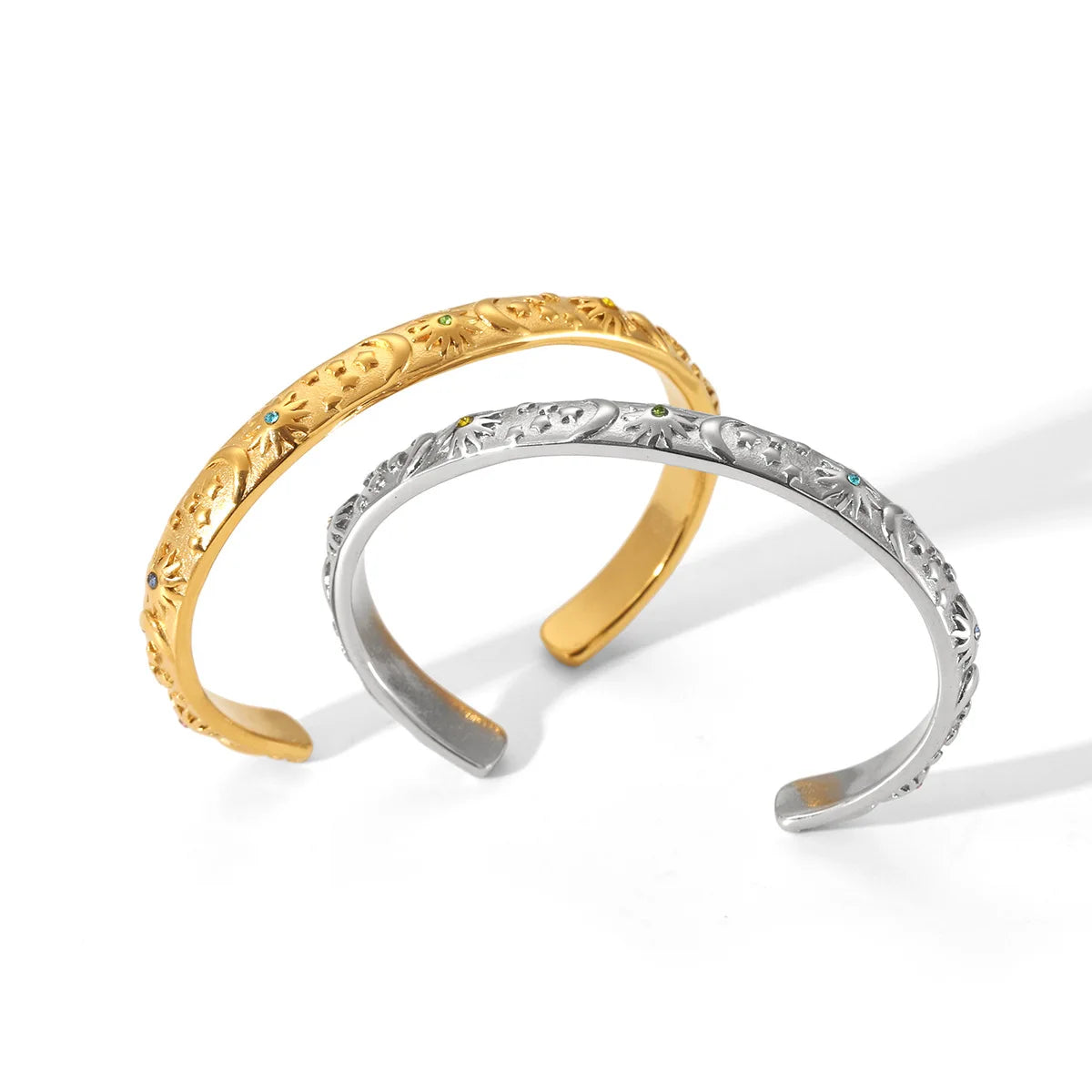 French Royal Stainless Steel 18K Gold Plated Embossed Star Moon Color Zircon Opening Women Bangle Bracelets
