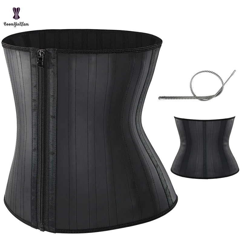Front Zipper Women Waist Shaper Plus Size Black Firm Control Slim 'n Lift Latex Sashes Flat Belly Slimming Sheath 25 Steel Bones
