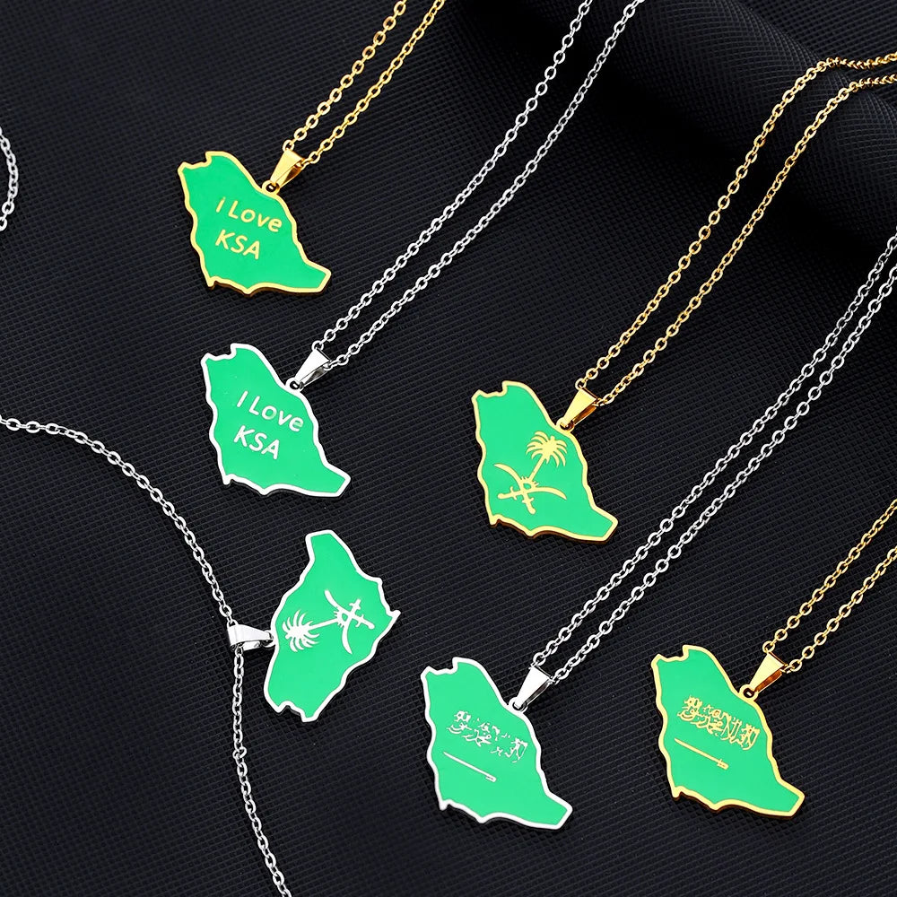 Manufacturer Enameled Saudi Arabia Map Chain Necklaces Stainless Steel Silver 18K Gold Plated National Flag Map Pendant Necklace