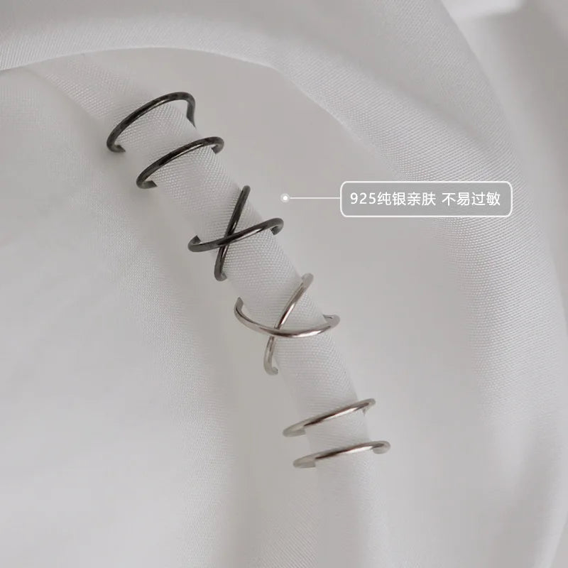925 Sterling Silver Double-layer Cross Personality Street tide Korean Version of Small Ear Ring New Ins Ear Clip Ear Stud