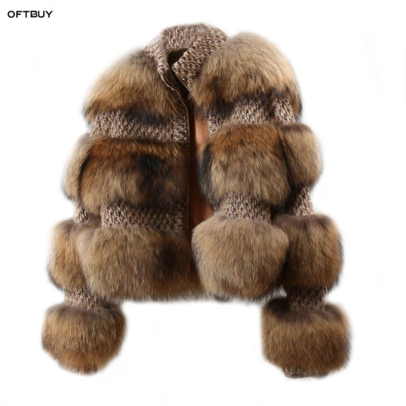OFTBUY European American Short Top Autumn Woolen Coat Long Sleeve Natural Raccoon Fur Woolen Mixed Bomber Jacket European Coat