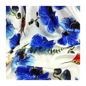 100% Jacquard Silk Satin Fabric 16M/M Colorful Blue Floral & Birds Printed Satin for Girls' Garments Sleepwear Dresses Shawls