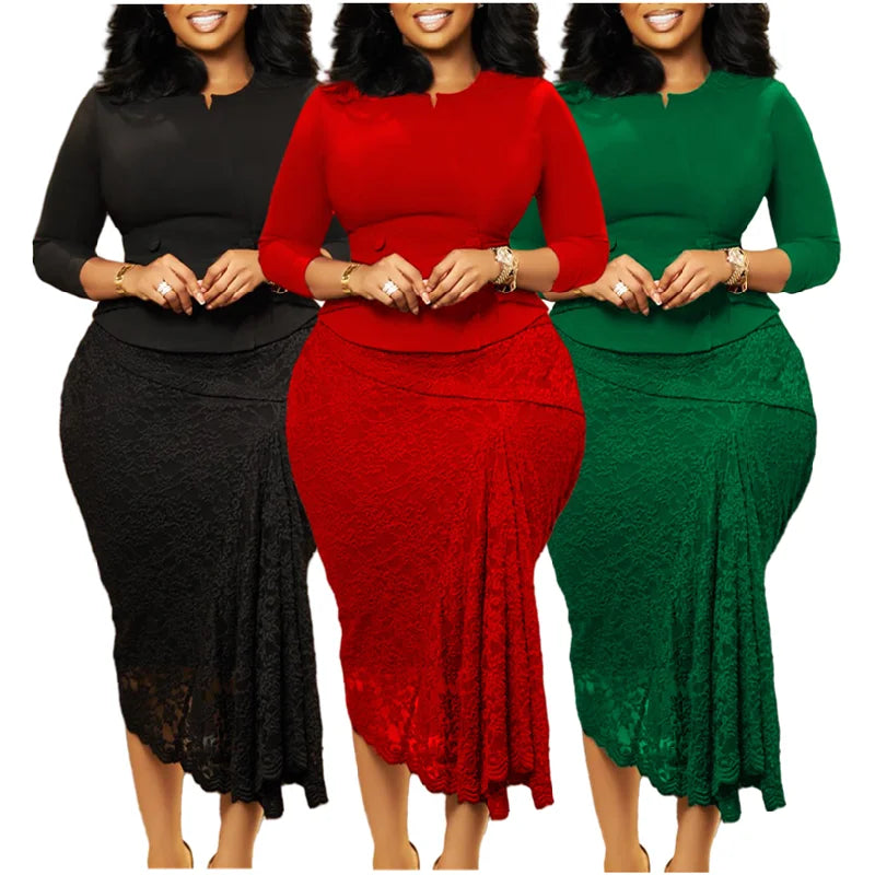 D559 Trendy Ladies Suits Office Wear Outfits for Women 3/4 Sleeve Top + Lace Skirt Set Two Piece Blazer Set Women Clothing