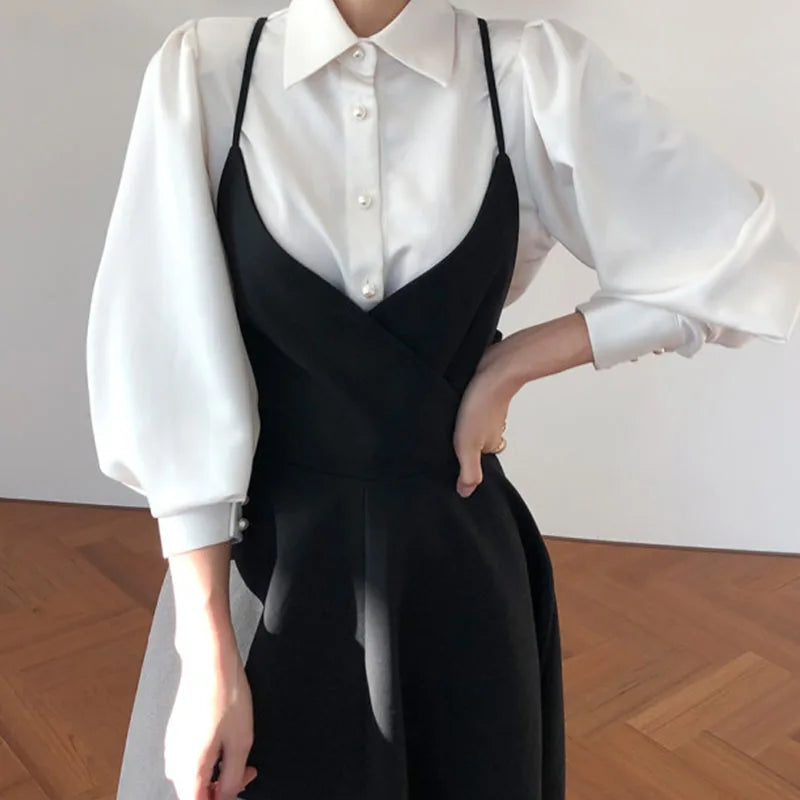 Wholesale 2026 Fall French Lapel Single Breasted Lantern Sleeve Shirt Back Bow Large Pendulum Suspender Dress Women's Suit