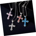 DAIHE Dainty Gold Titanium Steel Chain Pink Crystal CZ Cross Pendant Geometric Necklaces for Women