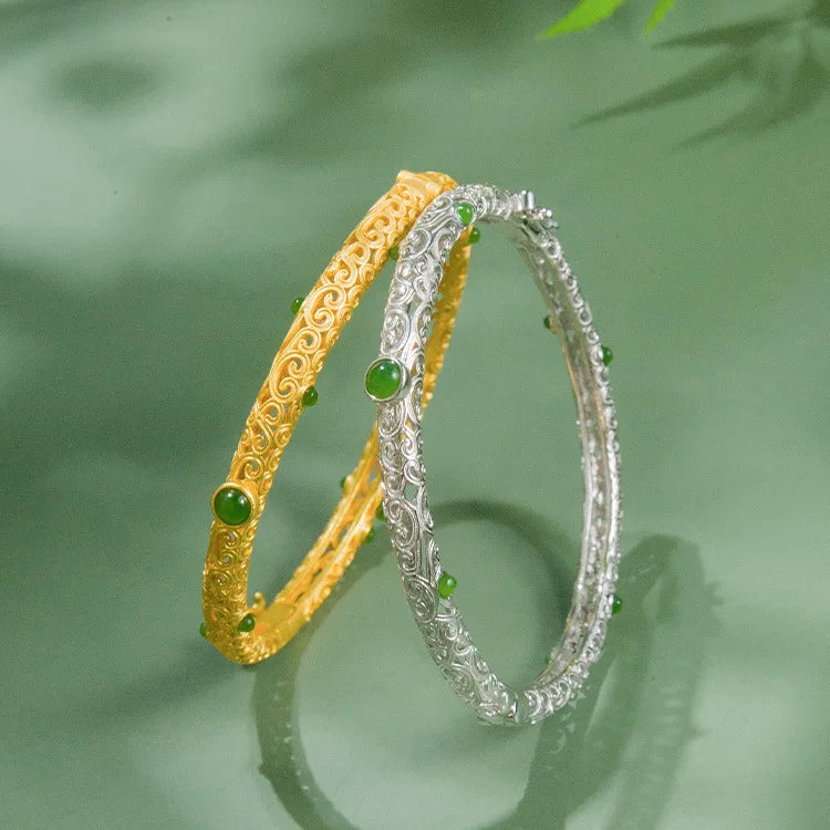 Vintage Fine Carving Gold Color Hollow Bangles for Women Traditional Ancient China Luxury Jewelry Inlay Jade Hand Chain Bracelet