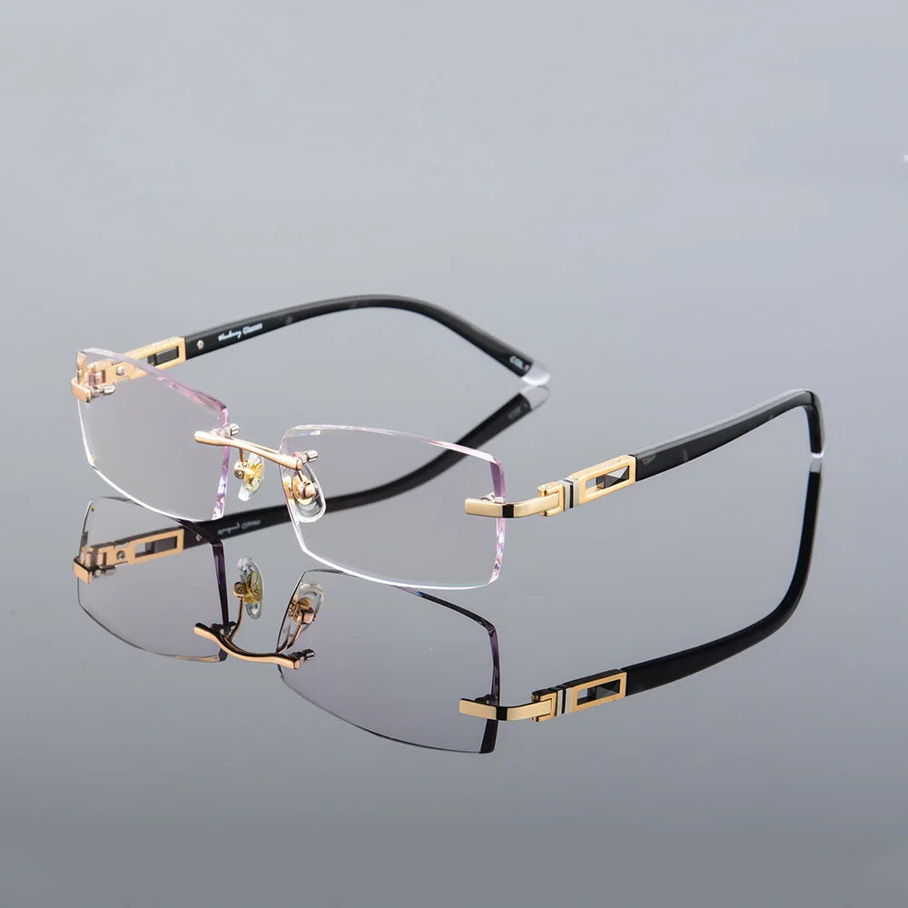 Optical Alloy Diamond Trimming Cutting Rimless Glasses Frame With Gradient Grey Tint Plano Prescription Lenses
