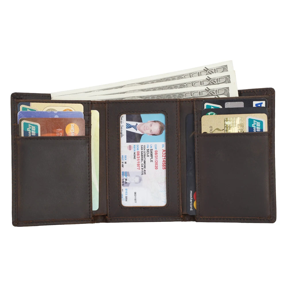 Hot Sale Factory Supply Wholesale Crazy Horse Leather Wallet Cardholder RFID Blocking Men Trifold 100% Genuine Leather Wallet