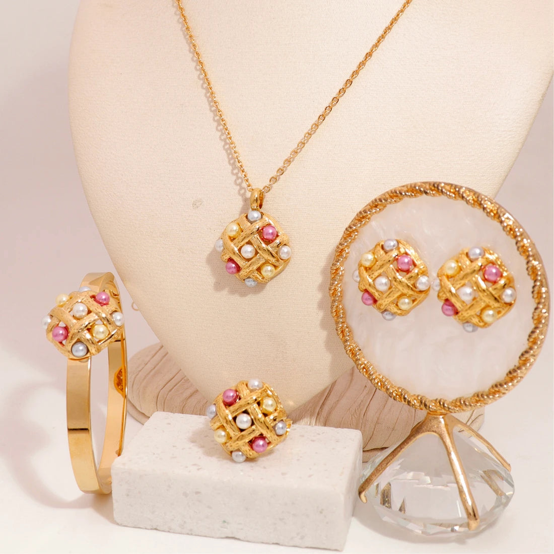 Bangle Joyas Acero Inoxidable Women Zircon Diamond Shiny Gold Plated Filled Jewelry Set Fine Fantasy