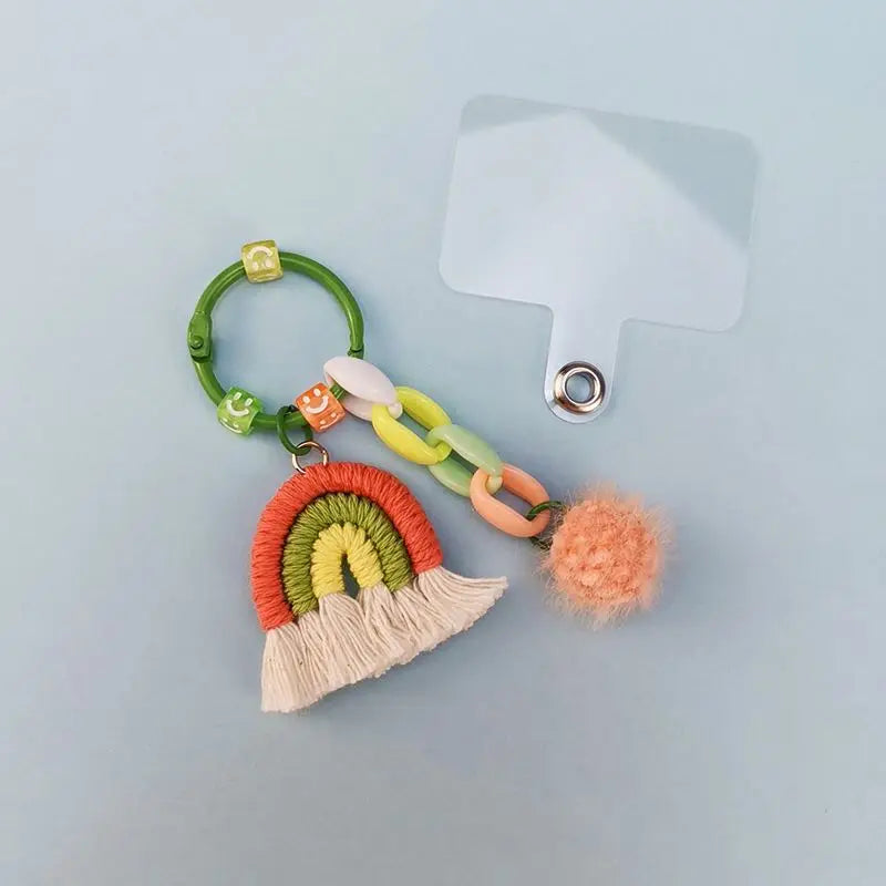 Phone Bag Charm Pendant Key Holder Boho Macrame Braided Rope Pompom Ball Plush Tassel Keychain Weave Rainbow Key Chain