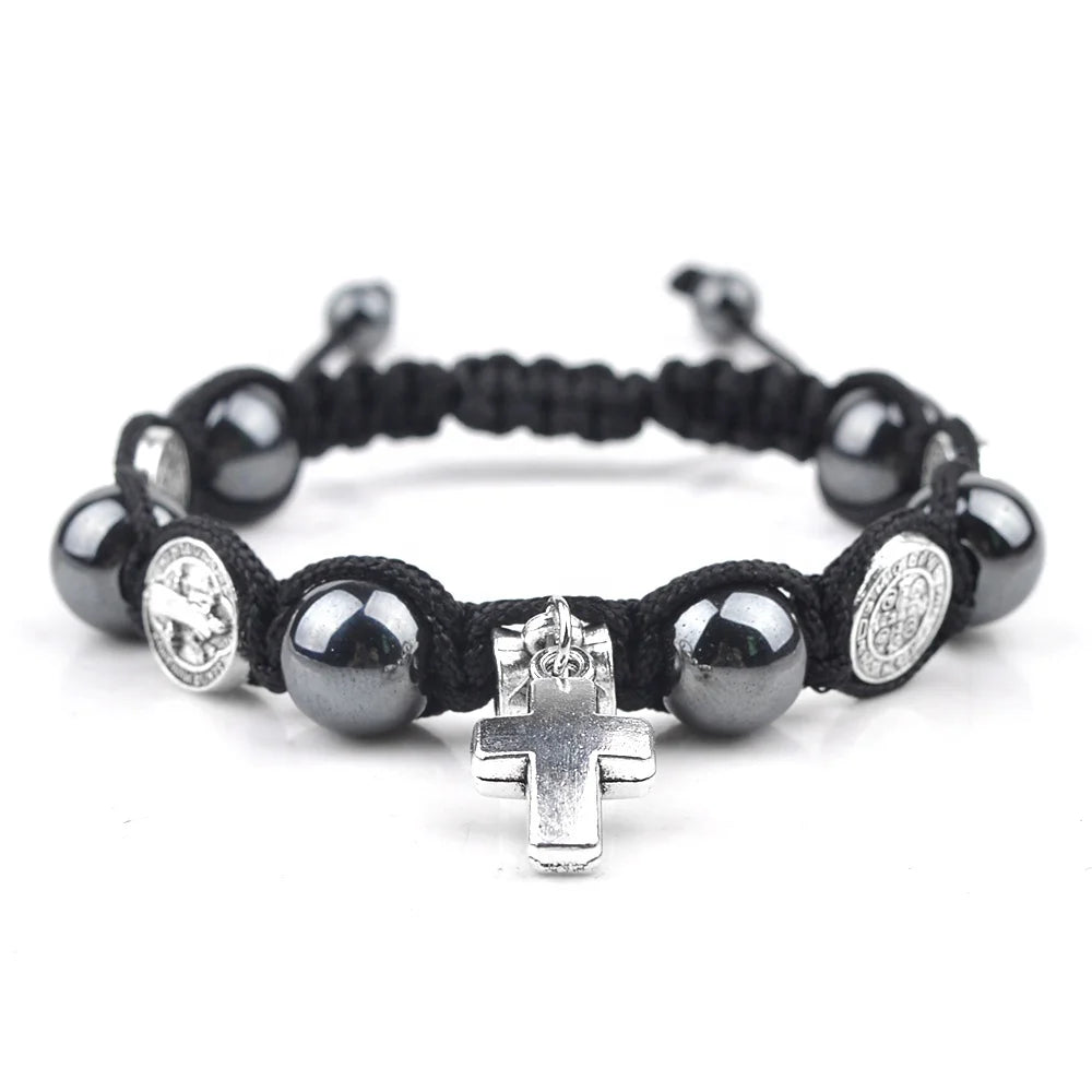 Saint Benedict 10mm Hematite Beads Hand Woven Black Bracelet Catholic Cross Charm Men's Religious Style Pearl Diamond Bangles