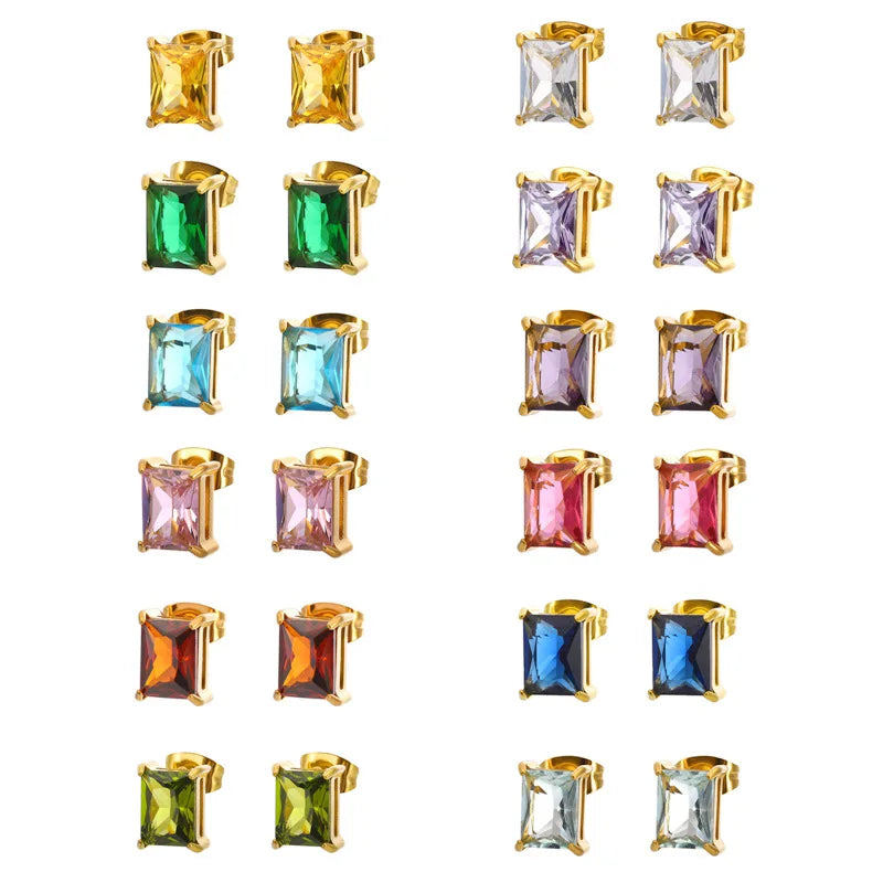 9mm Stainless Steel 12 Months Square Cubic Zirconia for Women 18k Gold Plated Diamond Stud Earrings