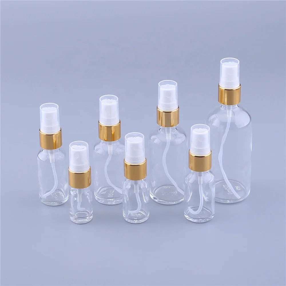 Hot Sale 5ml 10ml 15ml 20ml 30ml 50ml 100ml Transparent Clear Glass Spray Bottles Perfume Glass Gold Sprayer Bottle in Stock