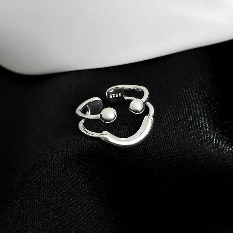 Fashion Minimalist Smiling Face 925 Sterling Silver Statement Jewelry Adjustable Ring for Women