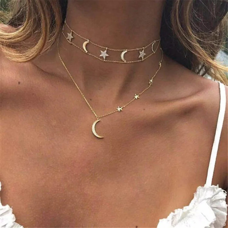 SC Gold Plated Multilayer Necklace Chain Crystal Moon Charm Pendant Necklace Full Rhinestone Star Moon Necklace