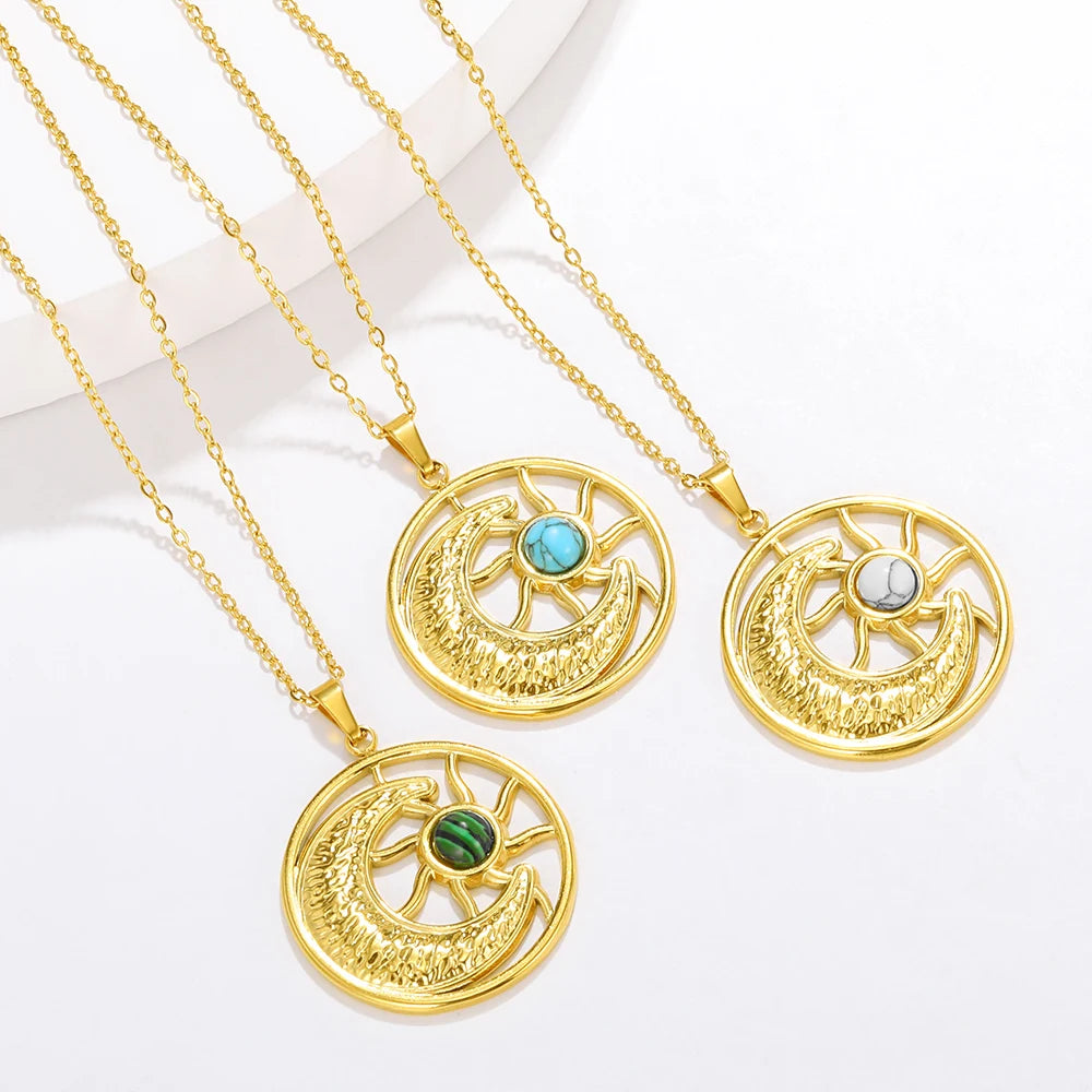 Turquoise Moon Sun Pendant Gold Plated Stainless Steel Pendant Necklace for Women Jewelry Trendy Necklace for Girl