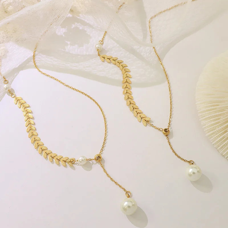 18k Gold Pearl Bracelet Jewelry Set Stainless Steel Ear of Wheat Pearl Pendant Necklace Phoenix Tail Pearl Clavicle Necklace