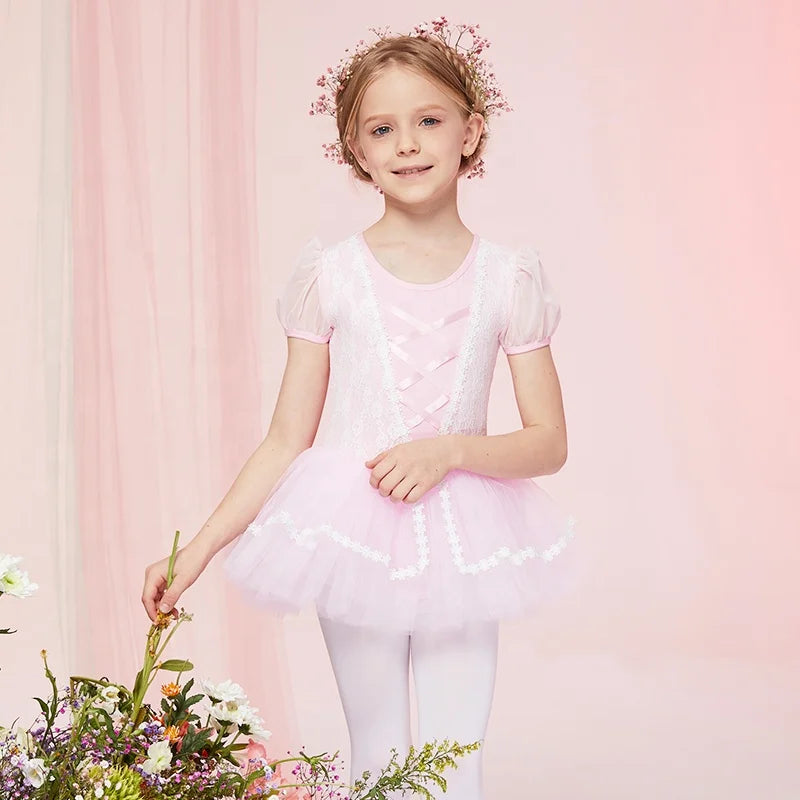 Kids Girls Short Sleeve  Ballet Dance Dress  Leotard Princess Tutu Skirts Dancewear- B8185