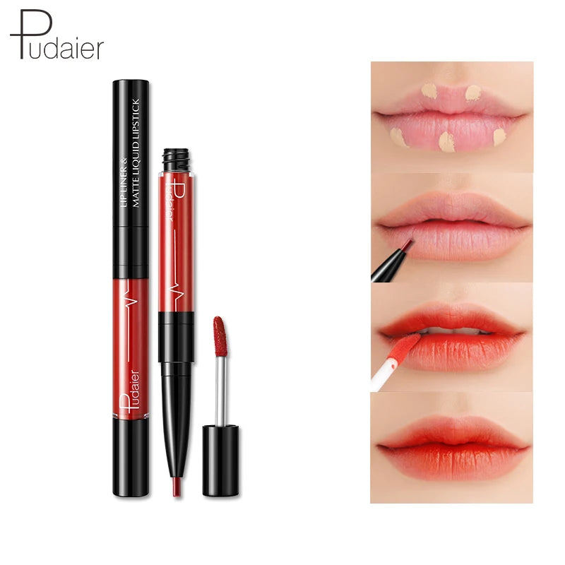 Pudaier 16 Colors 2-in-1 Lip Liner Pen and Lip Gloss Combination Waterproof Long-lasting