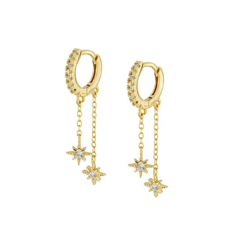 Milskye Bride Jewelry S925 Gold Plated Long Tassel Zircon Star Dangle Hoop Earrings